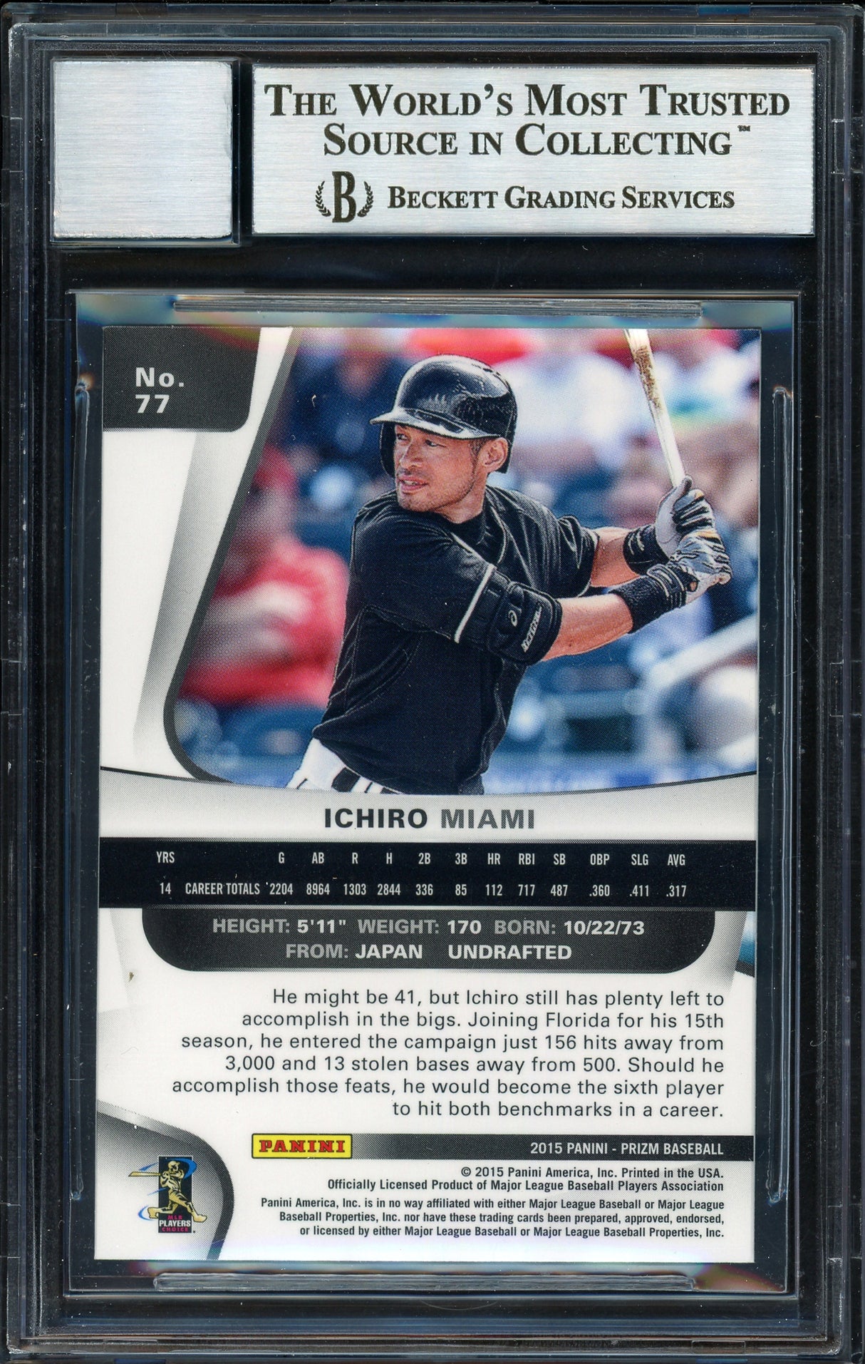 Ichiro Suzuki Autographed 2015 Panini Prizm Card #77 Miami Marlins Auto Grade 10 Beckett BAS #12669914