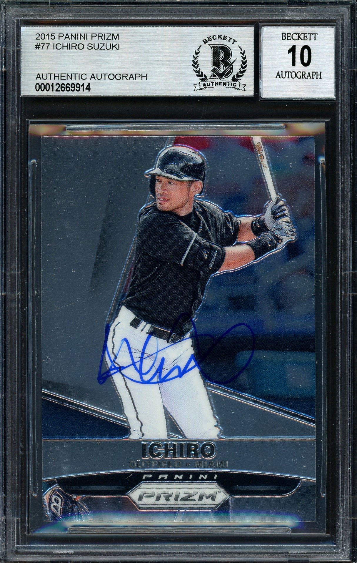 Ichiro Suzuki Autographed 2015 Panini Prizm Card #77 Miami Marlins Auto Grade 10 Beckett BAS #12669914