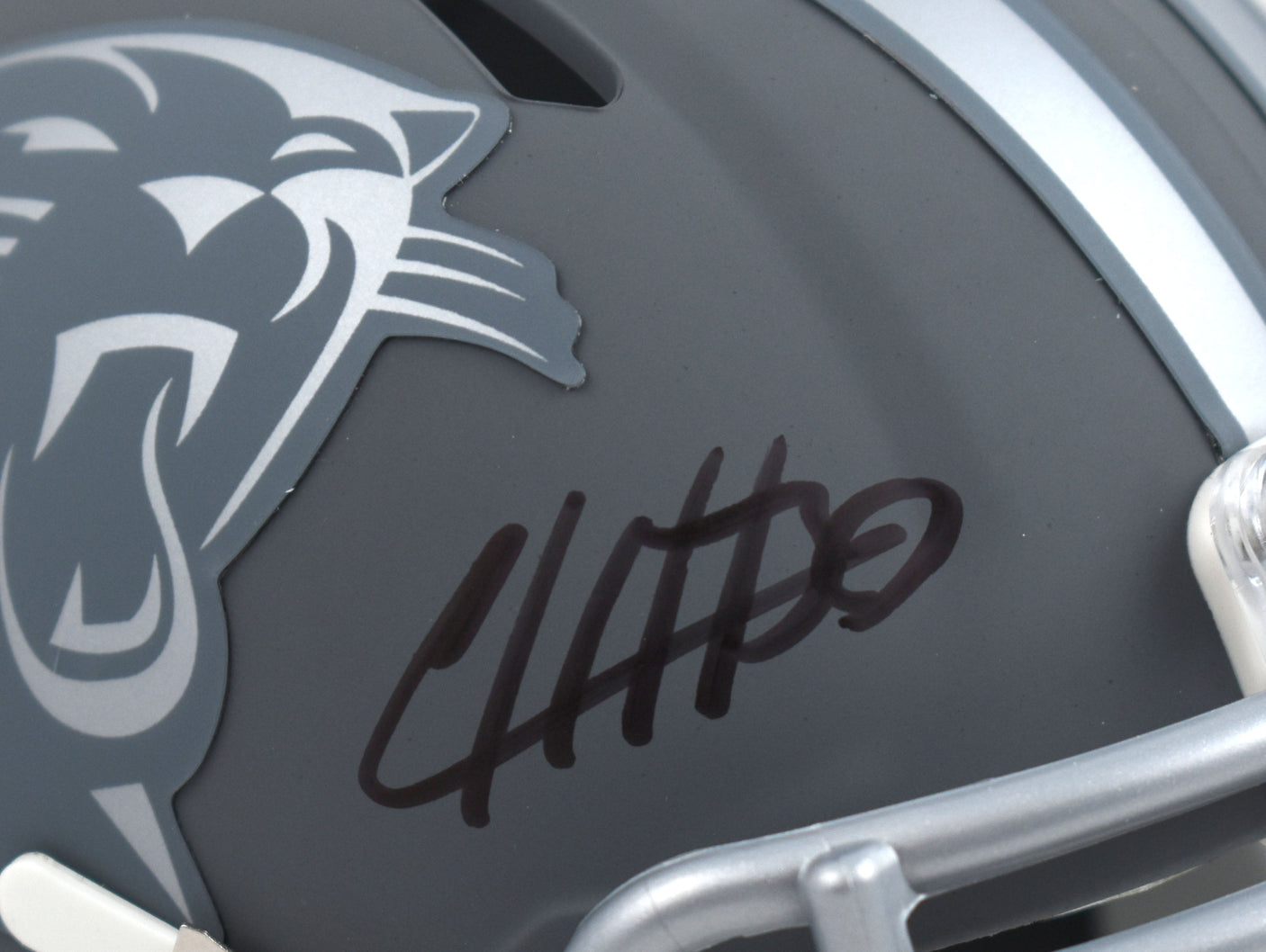 Chuba Hubbard Autographed Panthers Slate Speed Mini Helmet - Beckett W Hologram