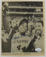 Hank Aaron Johnny Mize Signed 7x9 Cut Newspaper Photo On Cardboard JSA AL48470