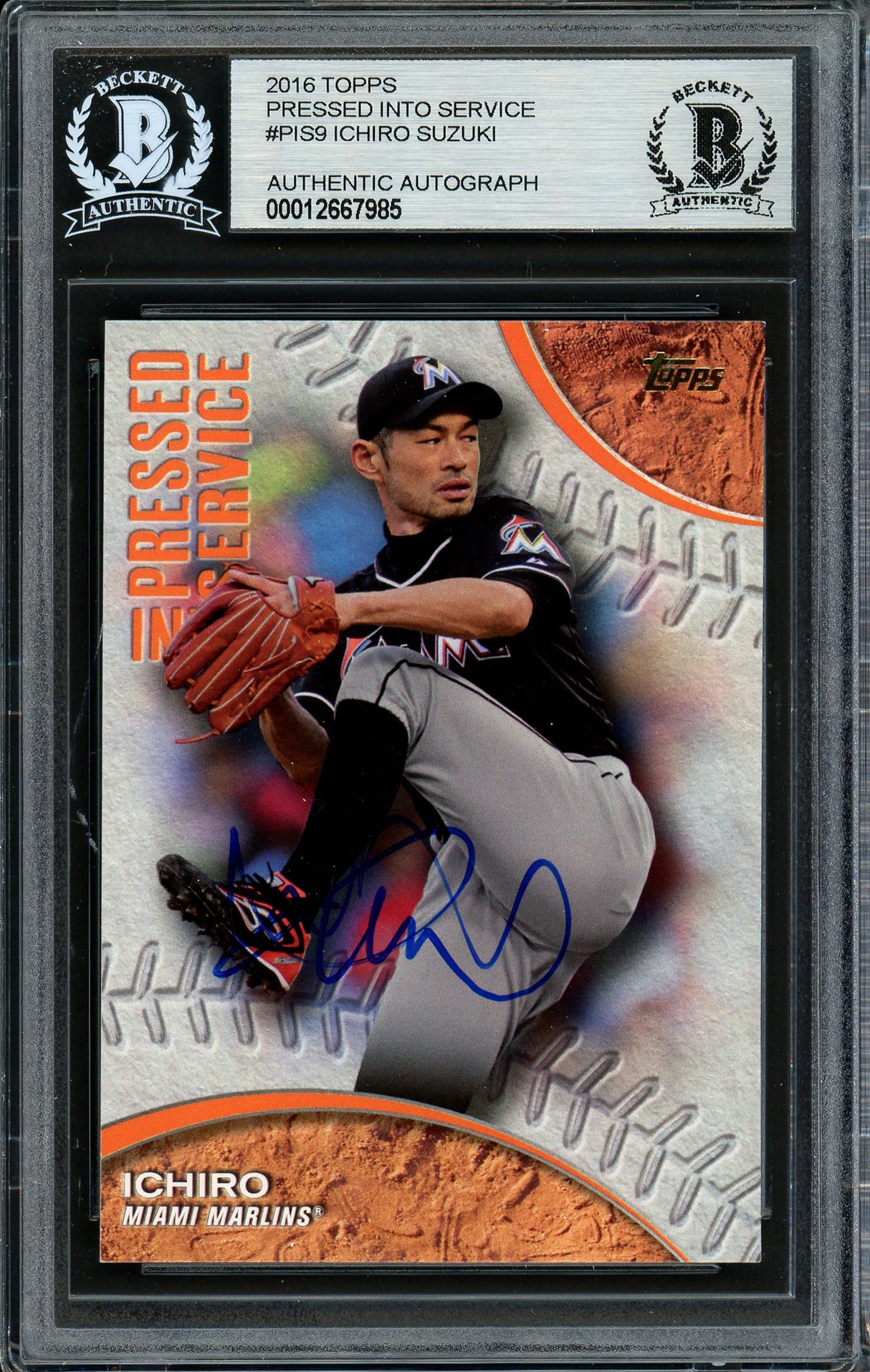 Ichiro Suzuki Autographed 2016 Topps Pressed Into Service Card #PIS-9 Miami Marlins Beckett BAS #12667985