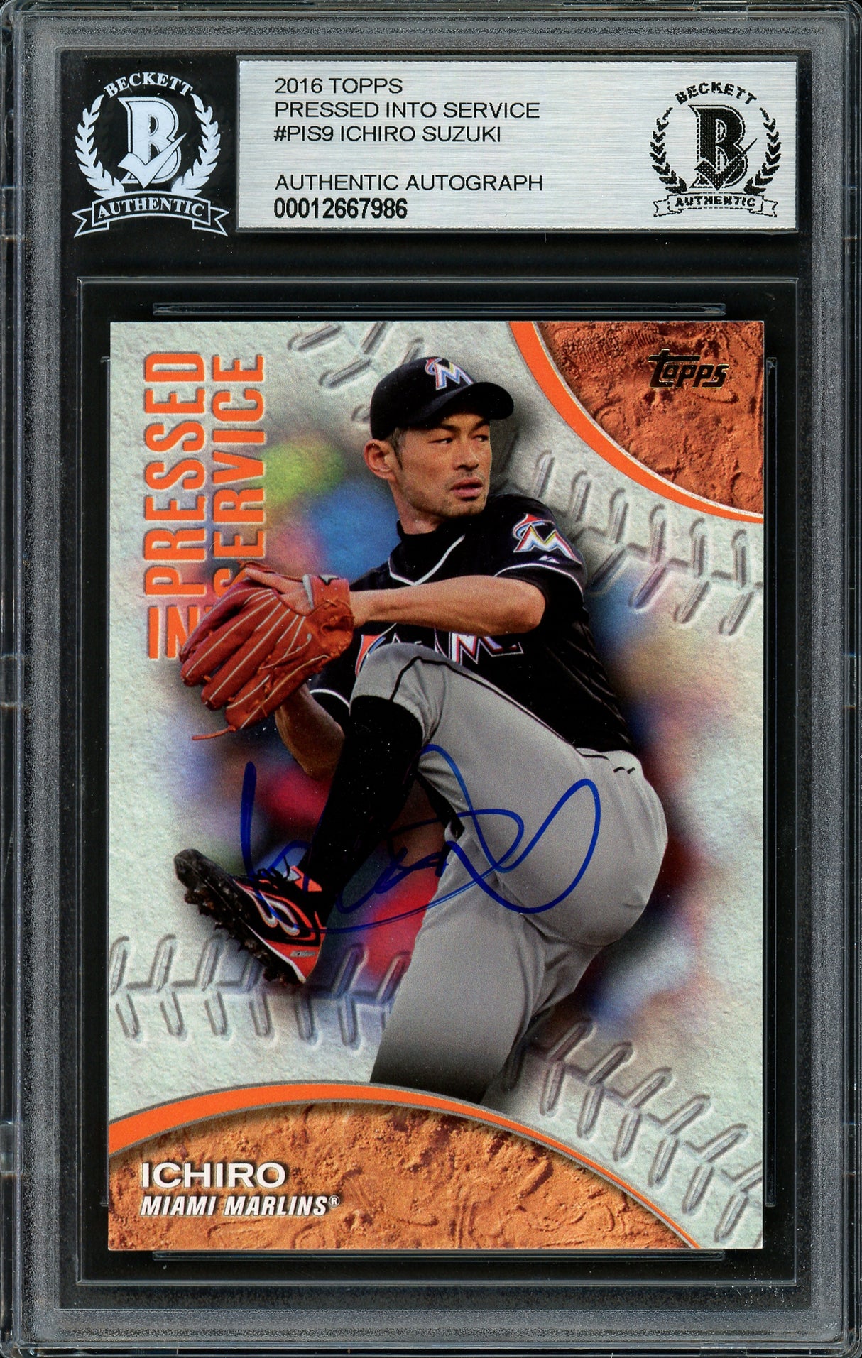 Ichiro Suzuki Autographed 2016 Topps Pressed Into Service Card #PIS-9 Miami Marlins Beckett BAS #12667986