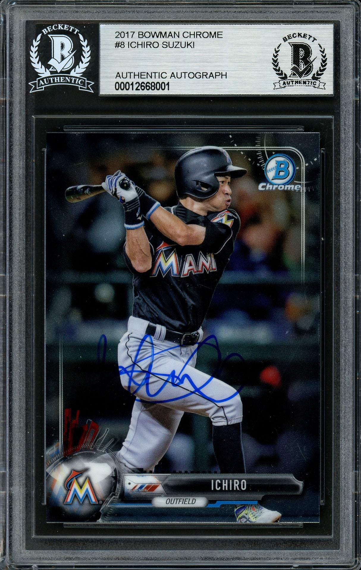 Ichiro Suzuki Autographed 2017 Bowman Chrome Card #8 Miami Marlins Beckett BAS #12668001