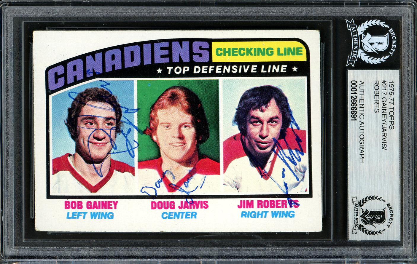 Bob Gainey, Doug Jarvis & Jim Roberts Autographed 1976-77 Topps Card #217 Montreal Canadiens Beckett BAS #12666691