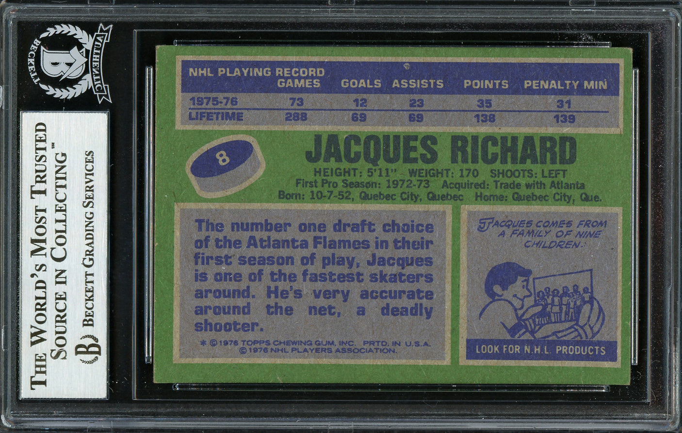 Jacques Richard Autographed 1976-77 Topps Card #8 Buffalo Sabres Beckett BAS #12666697