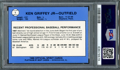 Ken Griffey Jr. Autographed 1988 Best Platinum Rookie Card #1 San Bernardino Spirit PSA 8 Auto Grade Mint 9 PSA/DNA #63679979