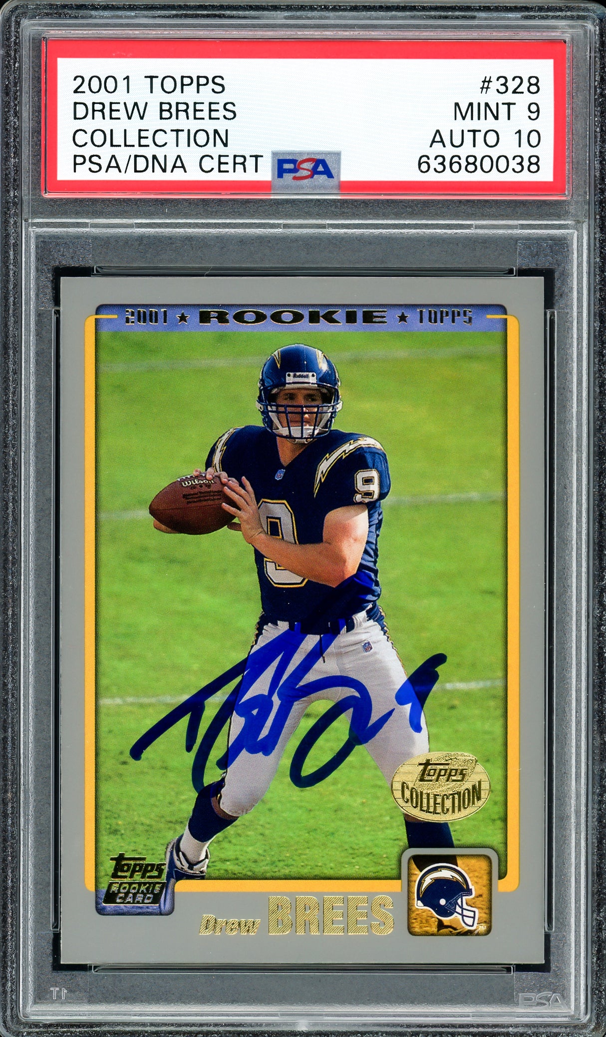 Drew Brees Autographed 2001 Topps Collection Rookie Card #328 New Orleans Saints PSA 9 Auto Grade Gem Mint 10 Highest Graded Pop 1 PSA/DNA #63680038