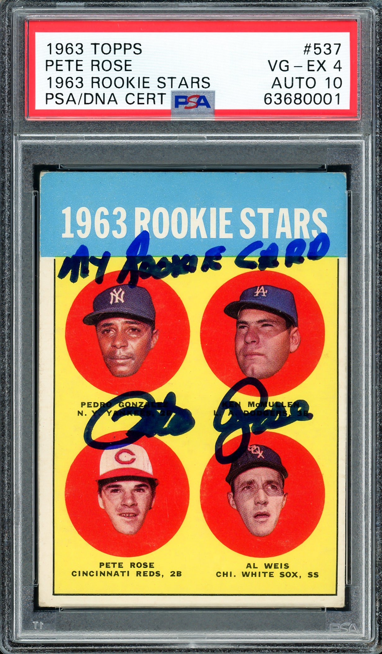 Pete Rose Autographed 1963 Topps Rookie Card #537 Cincinnati Reds PSA 4 Auto Grade Gem Mint 10 "My Rookie Card" PSA/DNA #63680001