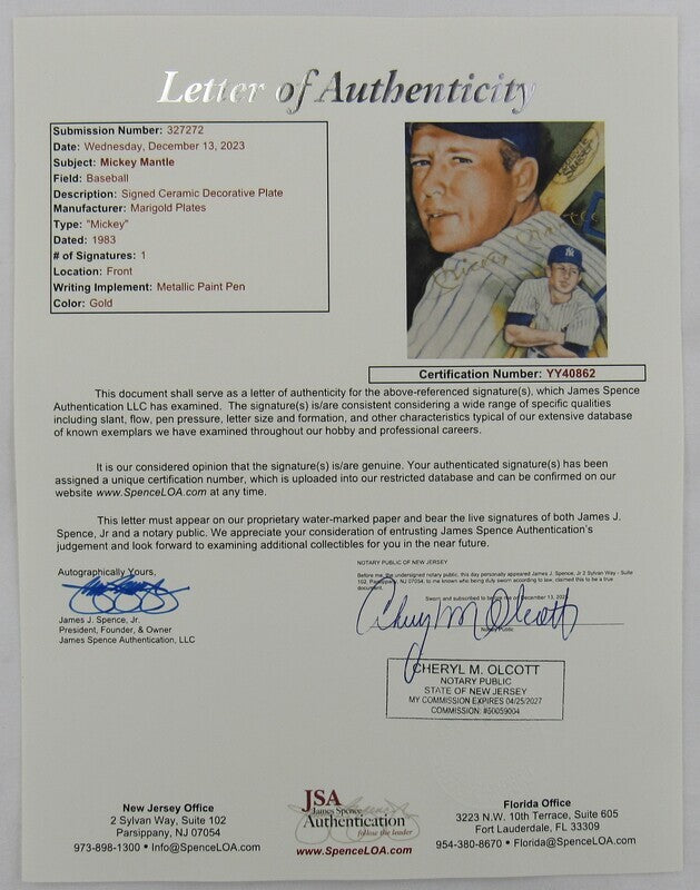 Mickey Mantle Signed Auto Autograph Plate JSA LOA YY40862