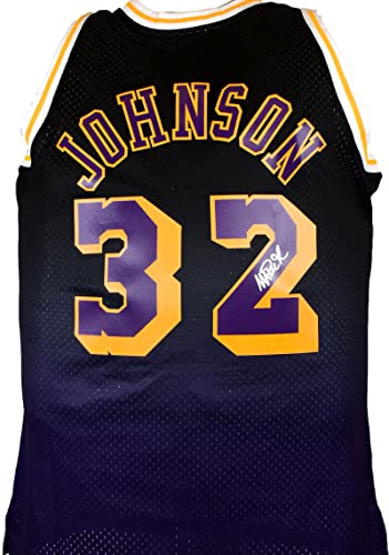 Magic Johnson Signed Lakers Fadeaway Black Mitchell & Ness Swingman Jsy-BAWHolo