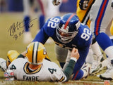 Michael Strahan Signed NY Giants 16x20 PF Photo Sacking Favre w/ Insc JSA W Auth