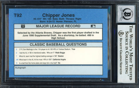 Chipper Jones Autographed 1990 Classic Rookie Card #T92 Atlanta Braves Auto Grade Gem Mint 10 Beckett BAS Stock #192889