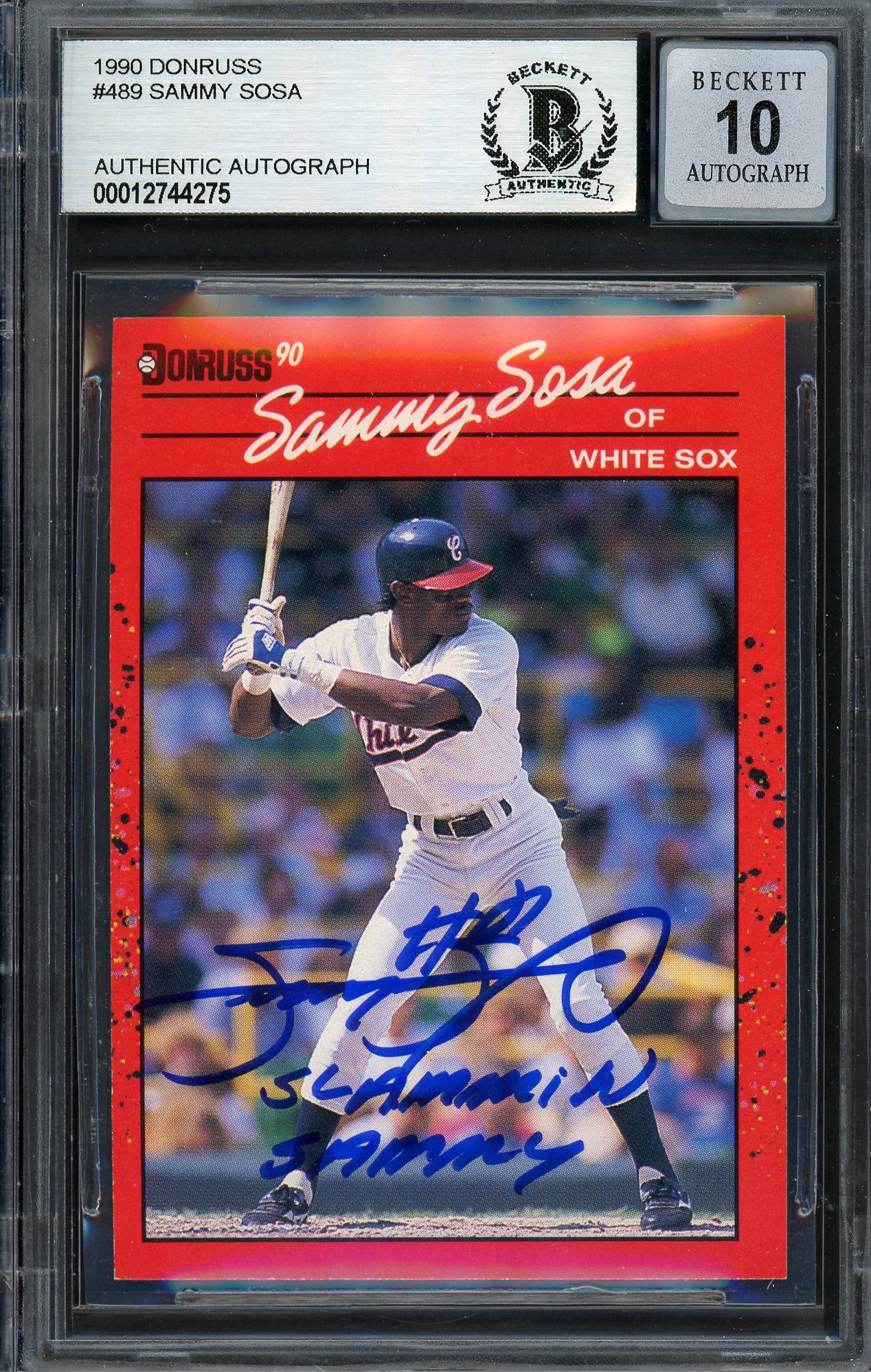 Sammy Sosa Autographed 1990 Donruss Rookie Card #489 Chicago White Sox Auto Grade Gem Mint 10 "Slammin Sammy" Beckett BAS Stock #192890