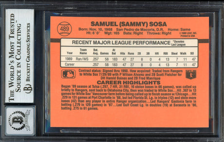 Sammy Sosa Autographed 1990 Donruss Rookie Card #489 Chicago White Sox Auto Grade Gem Mint 10 "609 HR" Beckett BAS Stock #192891