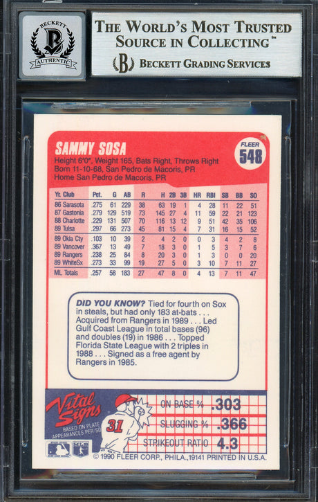 Sammy Sosa Autographed 1990 Fleer Rookie Card #548 Chicago White Sox Auto Grade Gem Mint 10 "609 HR" Beckett BAS Stock #192895