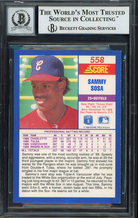 Sammy Sosa Autographed 1990 Score Rookie Card #558 Chicago White Sox Auto Grade Gem Mint 10 Beckett BAS Stock #192896