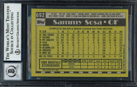 Sammy Sosa Autographed 1990 Topps Rookie Card #692 Chicago White Sox Auto Grade Gem Mint 10 "609 HR" Beckett BAS Stock #192899