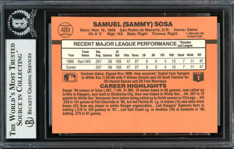 Sammy Sosa Autographed 1990 Donruss Rookie Card #489 Chicago White Sox Beckett BAS Stock #193009