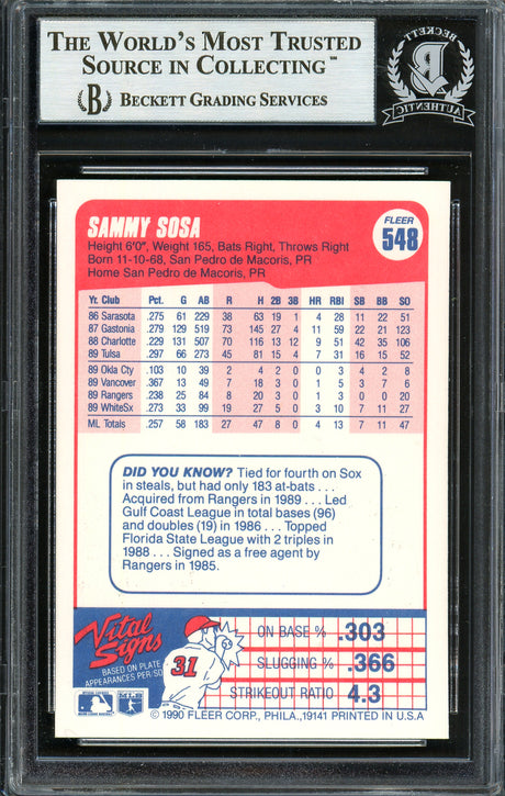 Sammy Sosa Autographed 1990 Fleer Rookie Card #548 Chicago White Sox "609 HR" Beckett BAS #12749882