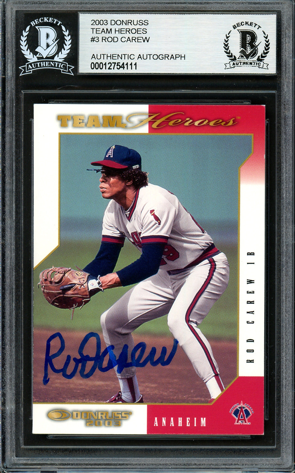 Rod Carew Autographed 2002 Donruss Team Heroes Card #3 California Angels Beckett BAS #12754111