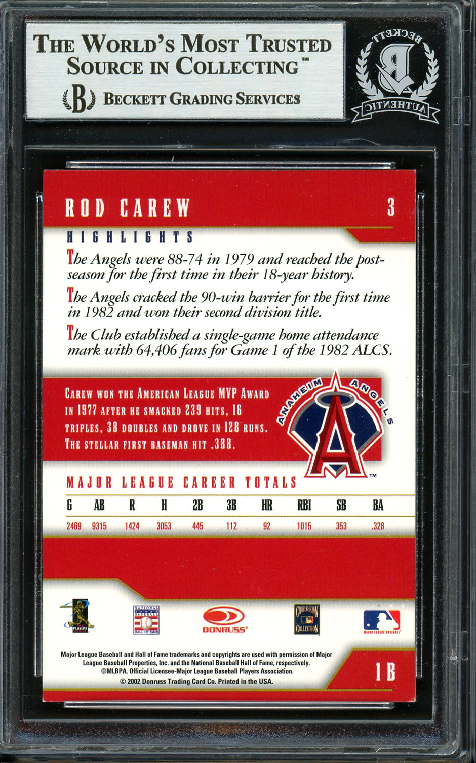 Rod Carew Autographed 2002 Donruss Team Heroes Card #3 California Angels Beckett BAS #12754111