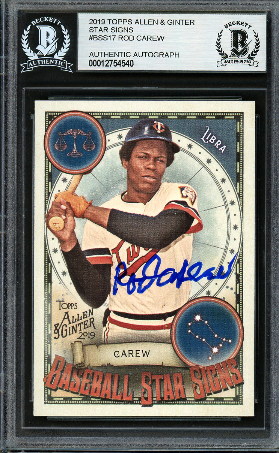 Rod Carew Autographed 2019 Topps Allen & Ginter Baseball Star Signs Card #BSS-17 Minnesota Twins Beckett BAS #12754540