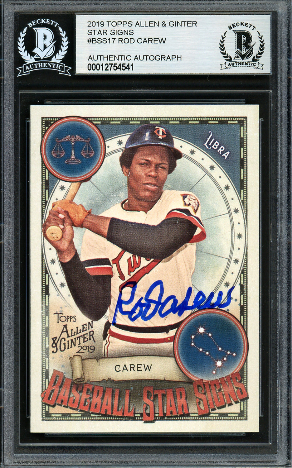 Rod Carew Autographed 2019 Topps Allen & Ginter Baseball Star Signs Card #BSS-17 Minnesota Twins Beckett BAS #12754541