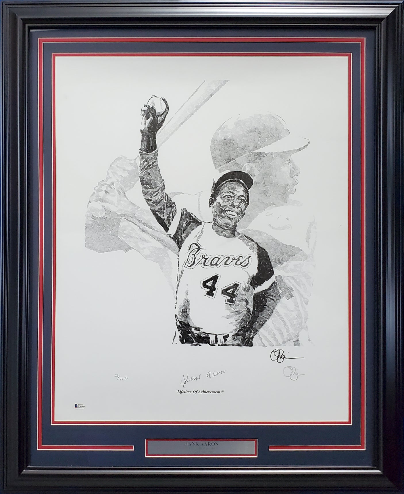 Hank Aaron Autographed Framed 22x28 Lithograph Photo Atlanta Braves Artist Proof #26/44 Beckett BAS #V62671