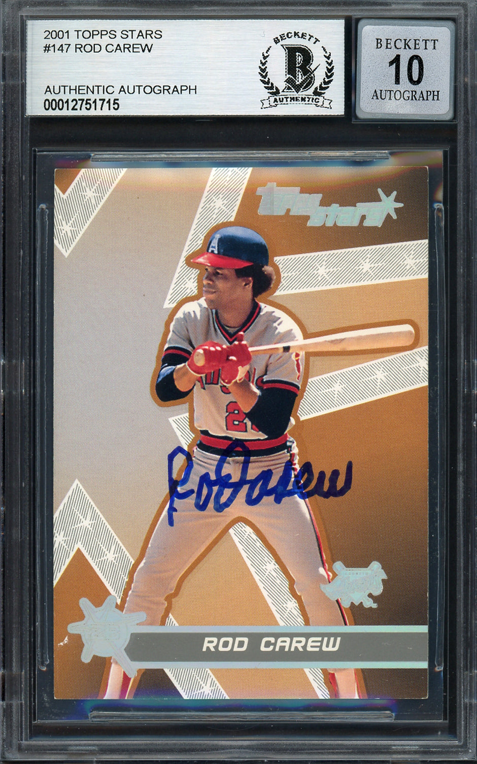 Rod Carew Autographed 2001 Topps Stars Card #147 California Angels Auto Grade Gem Mint 10 Beckett BAS #12751715