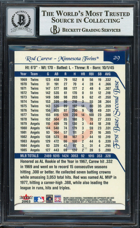 Rod Carew Autographed 2003 Fleer Flair Greats Card #29 Minnesota Twins Auto Grade Gem Mint 10 Beckett BAS #12751721