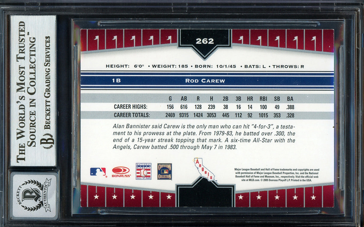 Rod Carew Autographed 2005 Donruss Champions Card #262 California Angels Auto Grade Gem Mint 10 Beckett BAS #12751751