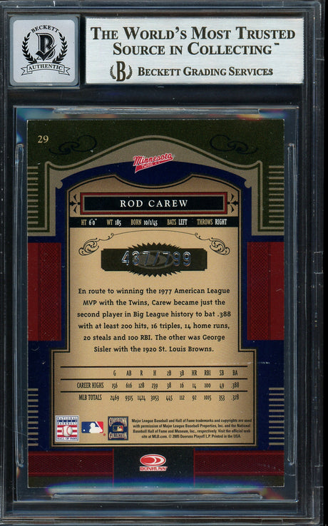 Rod Carew Autographed 2005 Donruss Timeless Treasures Card #29 Minnesota Twins Auto Grade Gem Mint 10 #437/799 Beckett BAS #12751754