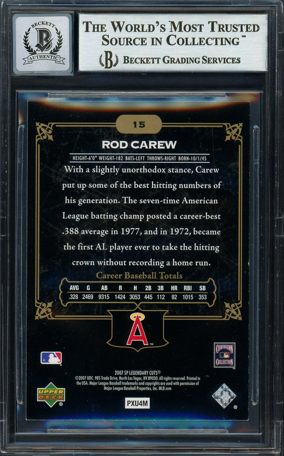 Rod Carew Autographed 2007 SP Legendary Cuts Card #15 California Angels Auto Grade Gem Mint 10 Beckett BAS Stock #192755