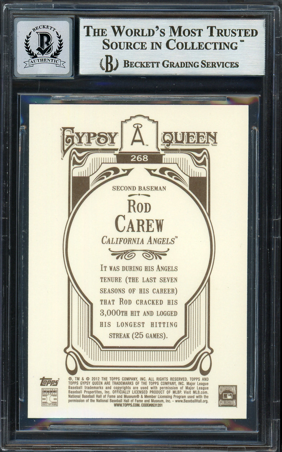 Rod Carew Autographed 2012 Topps Gypsy Queen Card #268 California Angels Auto Grade Gem Mint 10 Beckett BAS Stock #192769