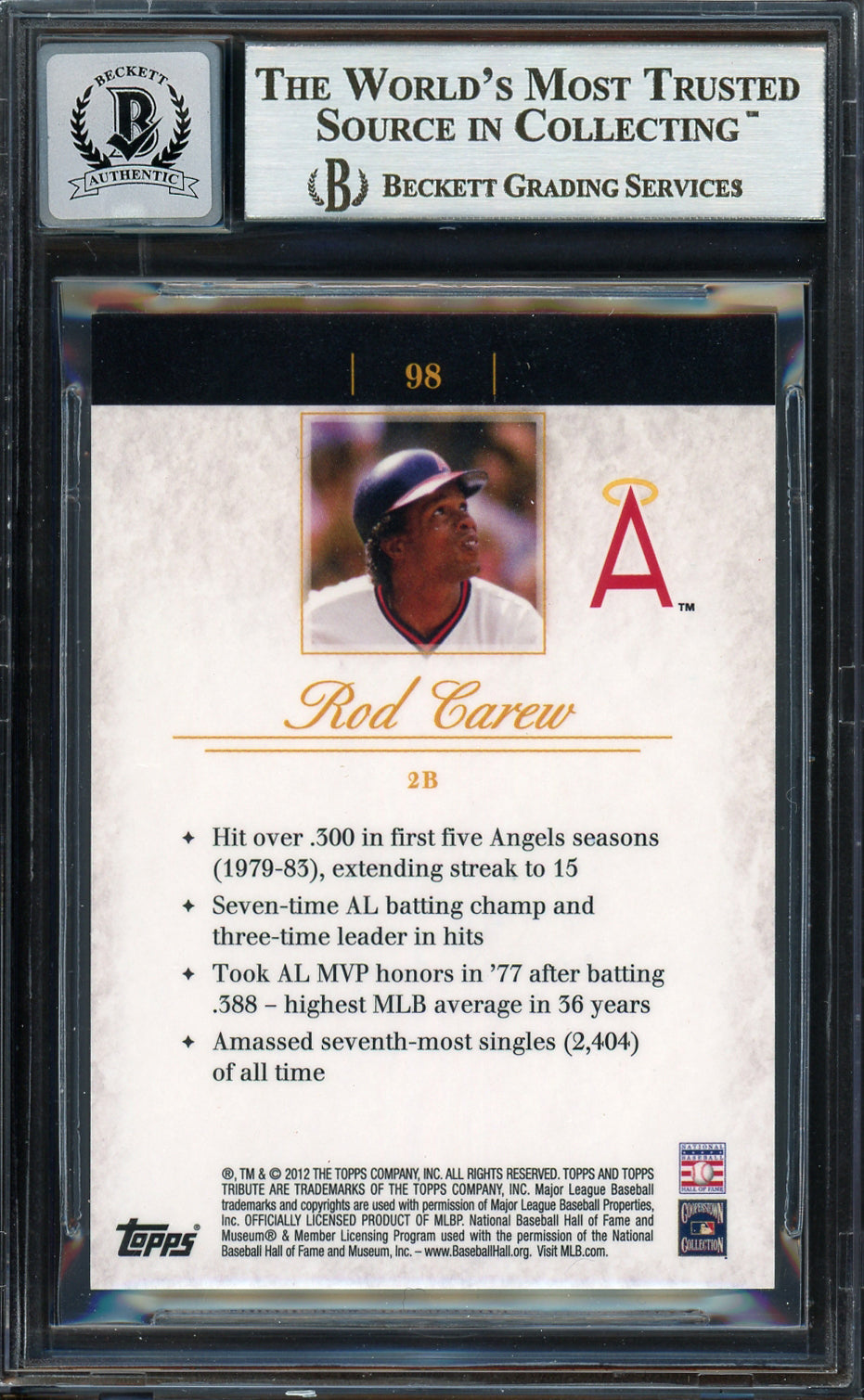 Rod Carew Autographed 2012 Topps Tribute Card #98 California Angels Auto Grade Gem Mint 10 Beckett BAS #12751888