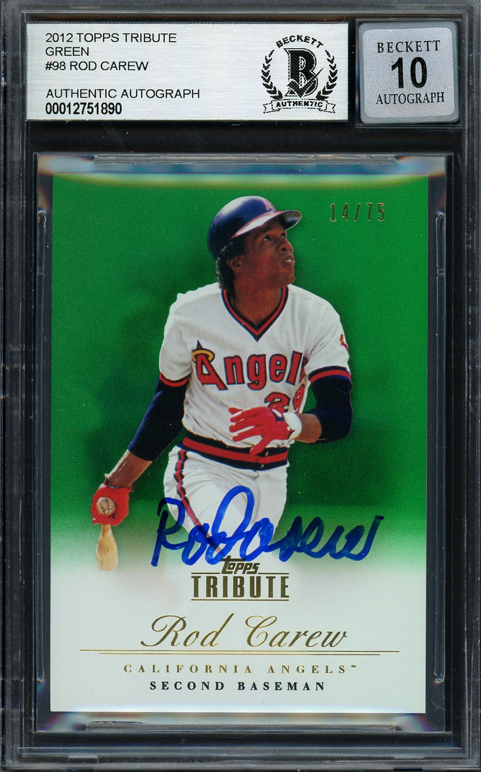 Rod Carew Autographed 2012 Topps Tribute Green Card #98 California Angels Auto Grade Gem Mint 10 #14/75 Beckett BAS #12751890