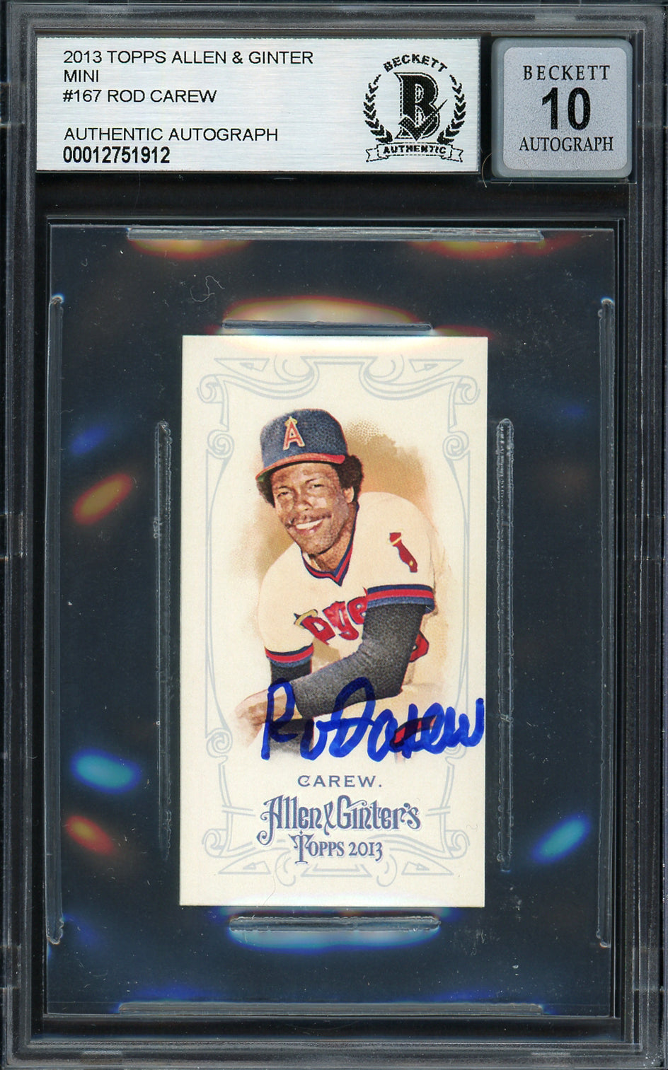 Rod Carew Autographed 2013 Topps Allen & Ginter Mini Card #167 California Angels Auto Grade Gem Mint 10 Beckett BAS #12751912