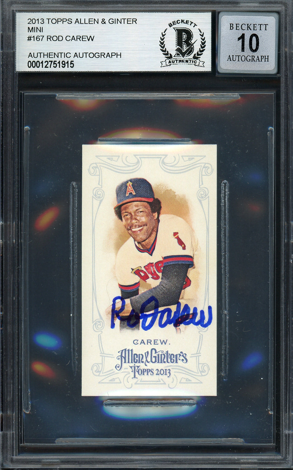 Rod Carew Autographed 2013 Topps Allen & Ginter Mini Card #167 California Angels Auto Grade Gem Mint 10 Beckett BAS #12751915