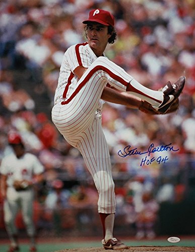 Steve Carlton Autographed Phillies 16x20 Pitching Photo w/ HOF- JSA W Auth *Blue