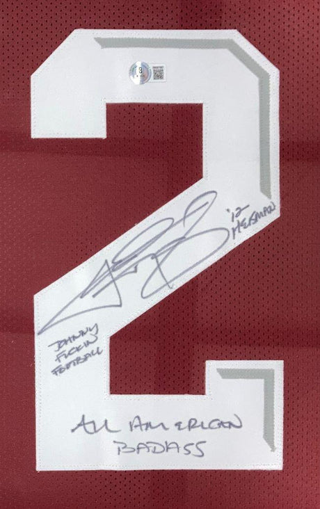 Johnny Manziel Signed Framed Maroon College Football Jersey w/ 3 Insc BAS