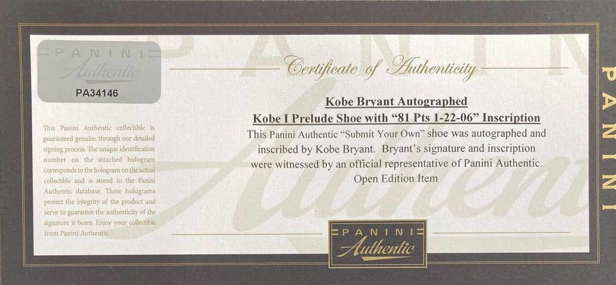 Kobe Bryant Lakers Signed Nike Zoom Kobe I Prelude Shoes 81 PTS Panini