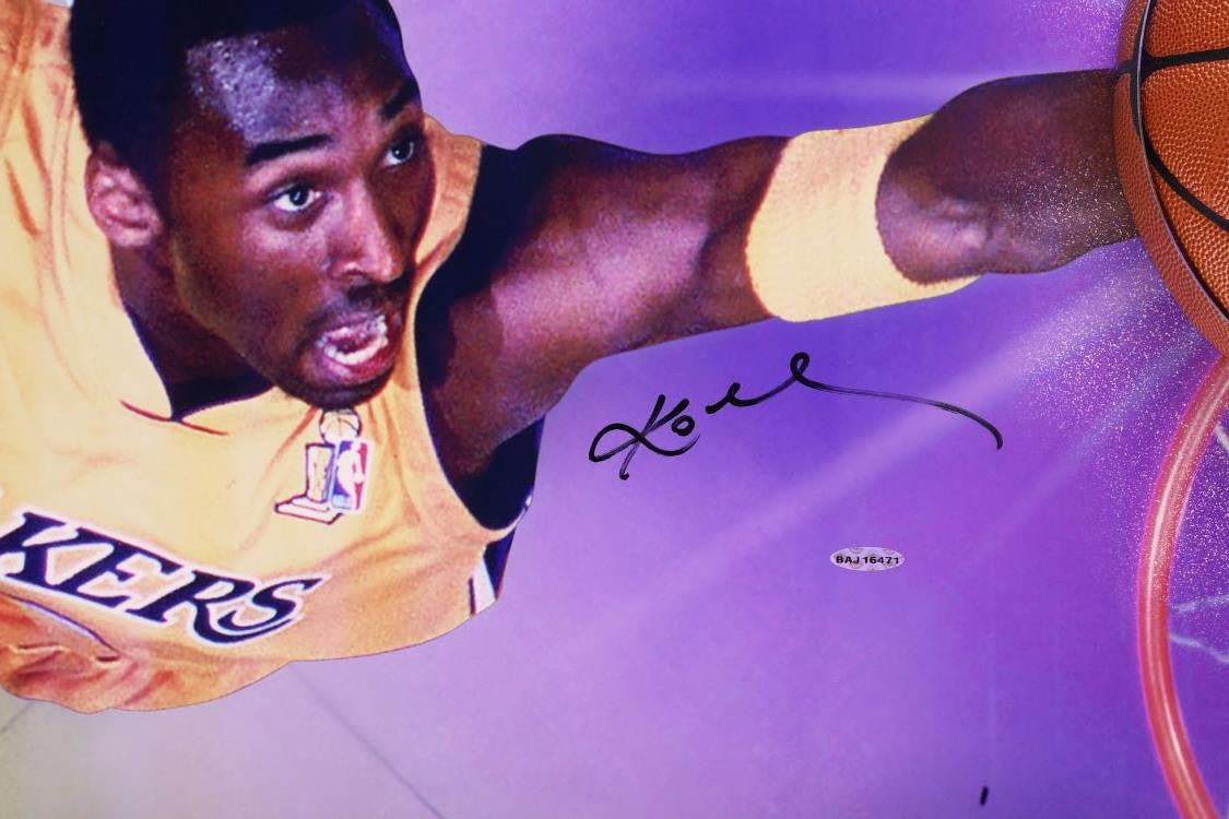 Kobe Bryant Signed Framed 24x54 Lakers Breaking Through Collage BAS LOA