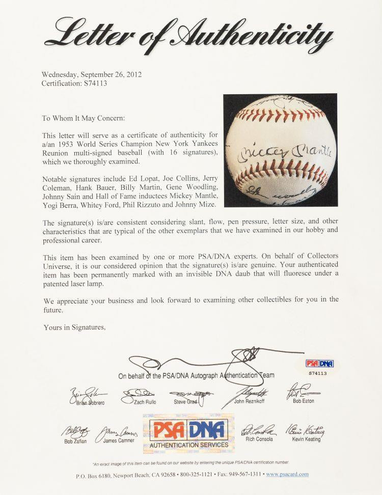 1953 New York Yankees Signed Baseball Mickey Mantle Yogi Berra & More PSA LOA