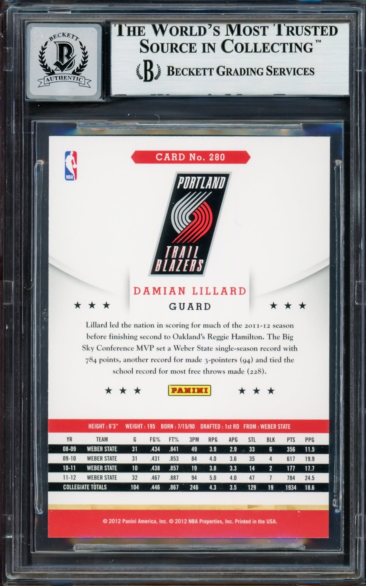 Damian Lillard Autographed 2012-13 Panini Hoops Rookie Card #280 Portland Trail Blazers Auto Grade Gem Mint 10 Beckett BAS #13605481