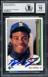 Ken Griffey Jr. Autographed 1989 Upper Deck Rookie Card #1 Seattle Mariners Auto Grade Gem Mint 10 Test Proof Error With Thad Bosley Beckett BAS #10383178