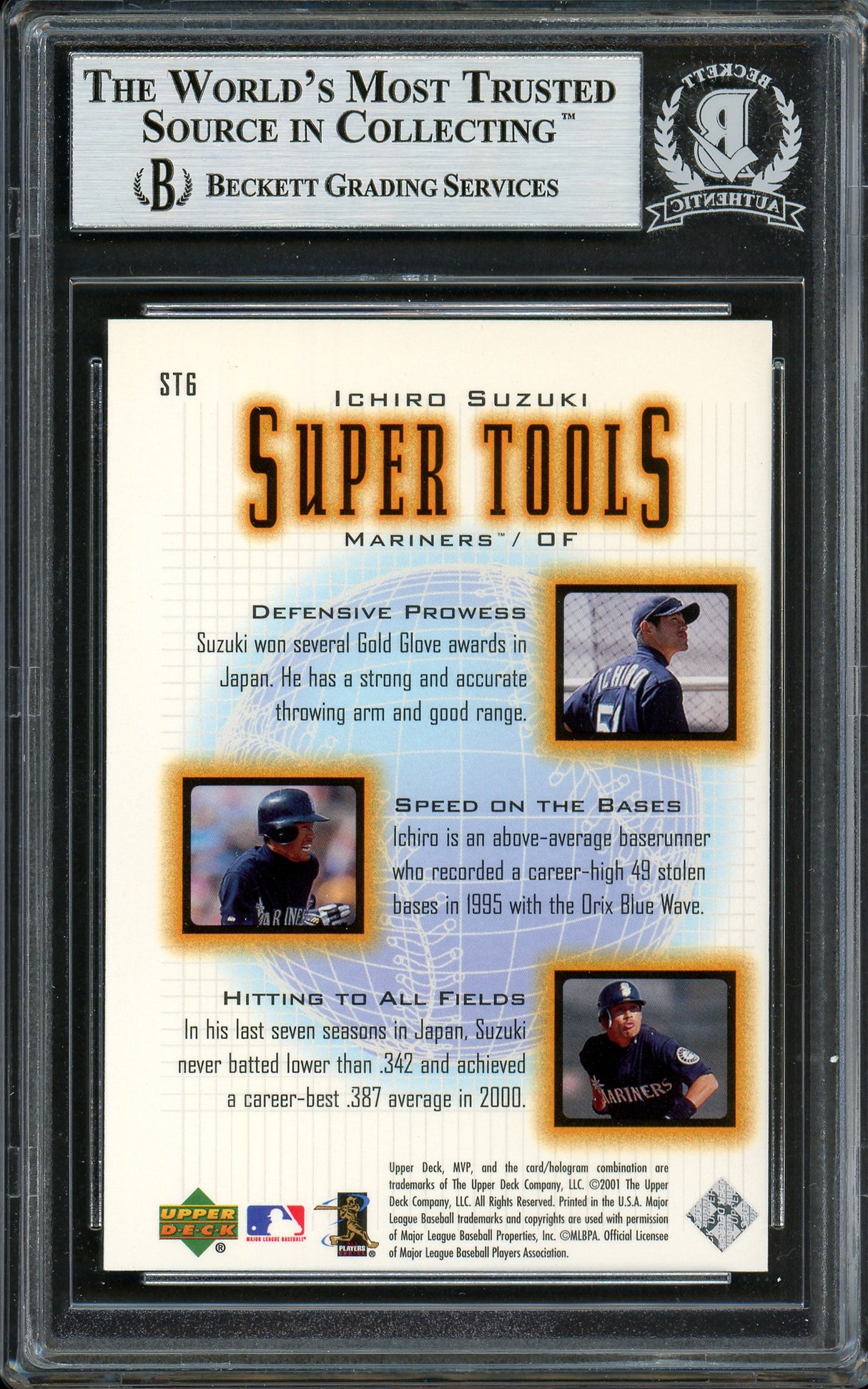 Ichiro Suzuki Autographed 2001 Upper Deck MVP Super Tools Rookie Card #ST6 Seattle Mariners Beckett BAS #12783720