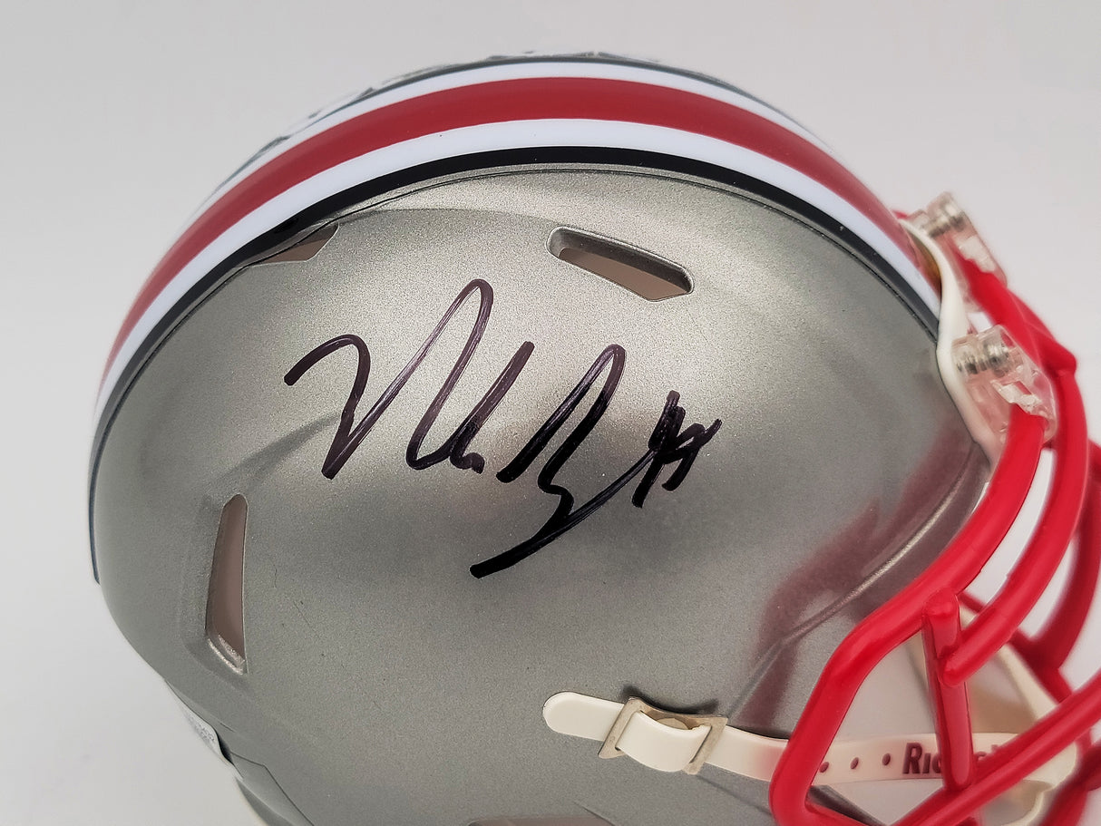 Nick Bosa Autographed Ohio State Buckeyes Flash Gray Speed Mini Helmet Beckett BAS QR Stock #203887