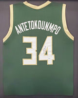 Milwaukee Bucks Giannis Antetokounmpo Autographed Framed Green Jersey Beckett BAS Stock #222044