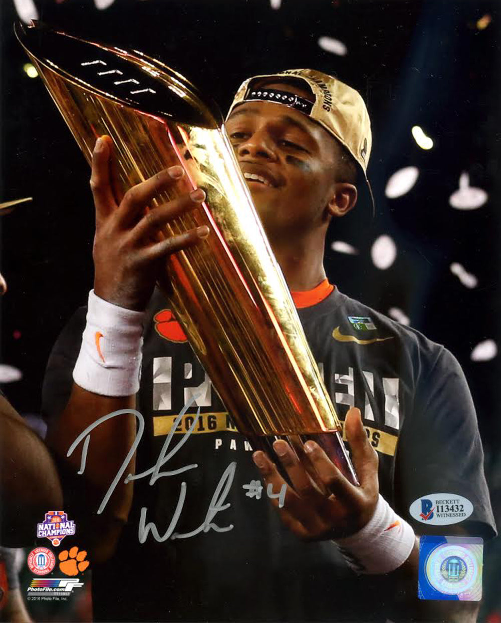 Deshaun Watson Autographed 8x10 Photo Clemson Tigers Holding Trophy Beckett BAS Stock #113714