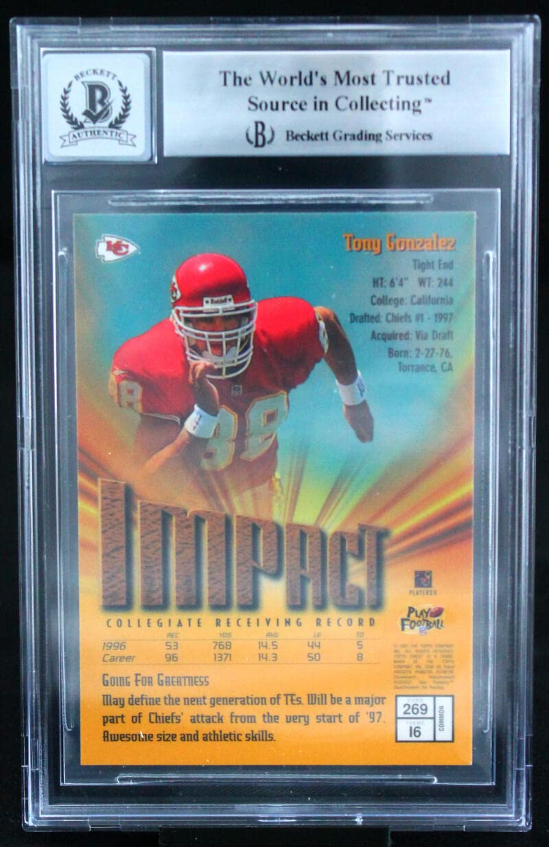 1997 Finest #269 Tony Gonzalez Kansas City Chiefs BAS Autograph 10